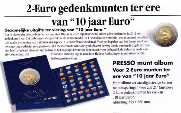 Verzamelmap voor 2 EURO munten, 10 jr.EURO