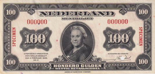 100 Gulden  1943 Wilhelmina, pr, serienummer 000000