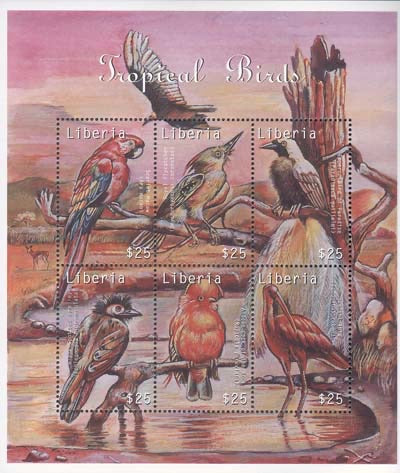 Liberia, tropical birds, 6 zegels in bloc.