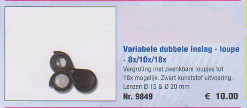 Dubbele inslagloupe, kunststof, vergroting 8x/10x/18x