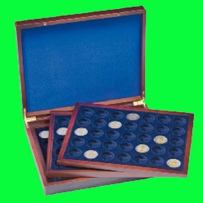 Muntbox Mahonie, 2 Euro munten, ronde uitsp, 3 tableaus