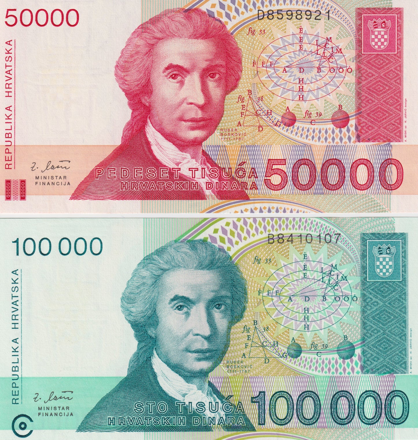 Kroatie 1993, 50000 en 100000 dinar, unc.